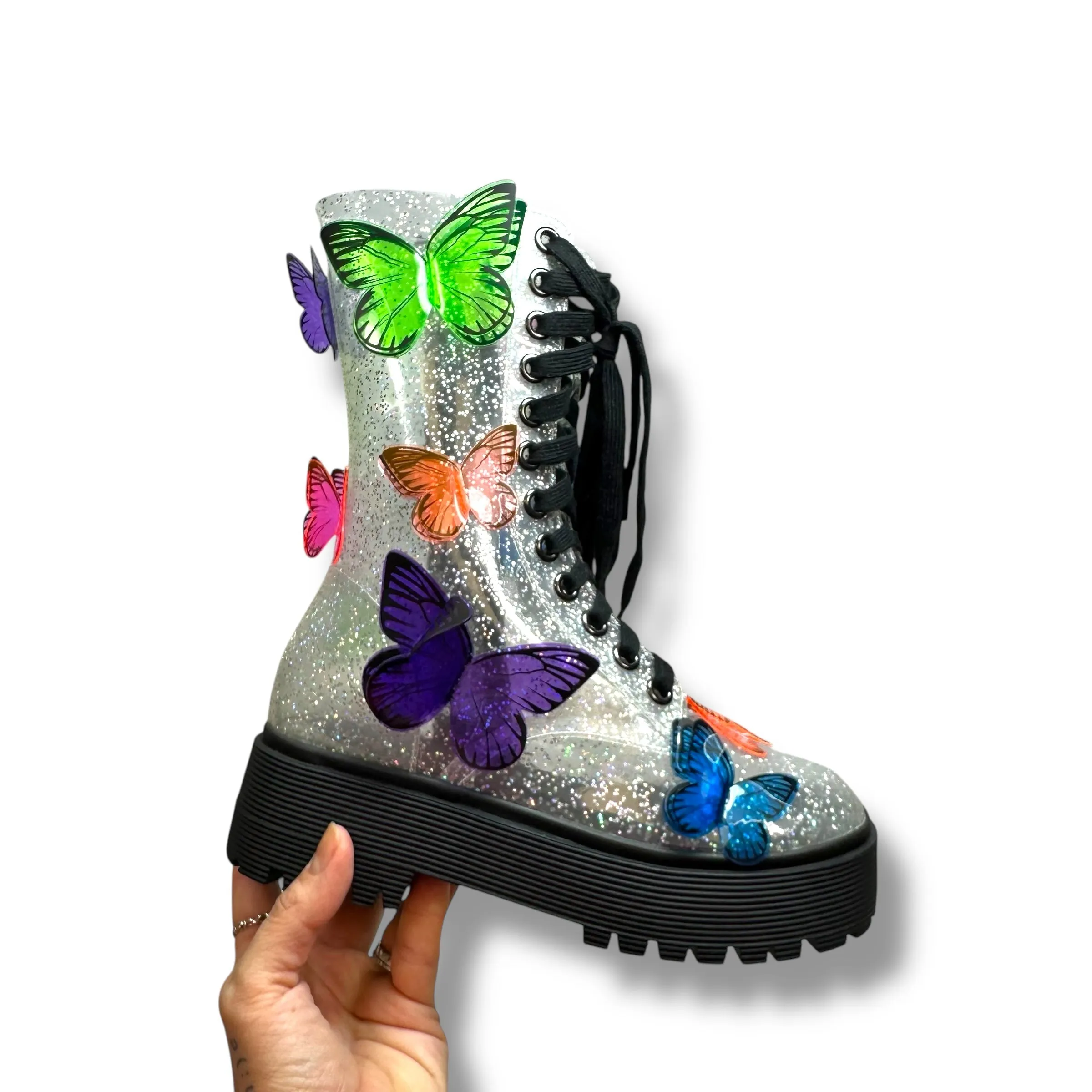 3D Butterfly Clear Glitter Combat Boots Ankle Flats By Club Exx In Clear, Size: 6 Dolls Kill
