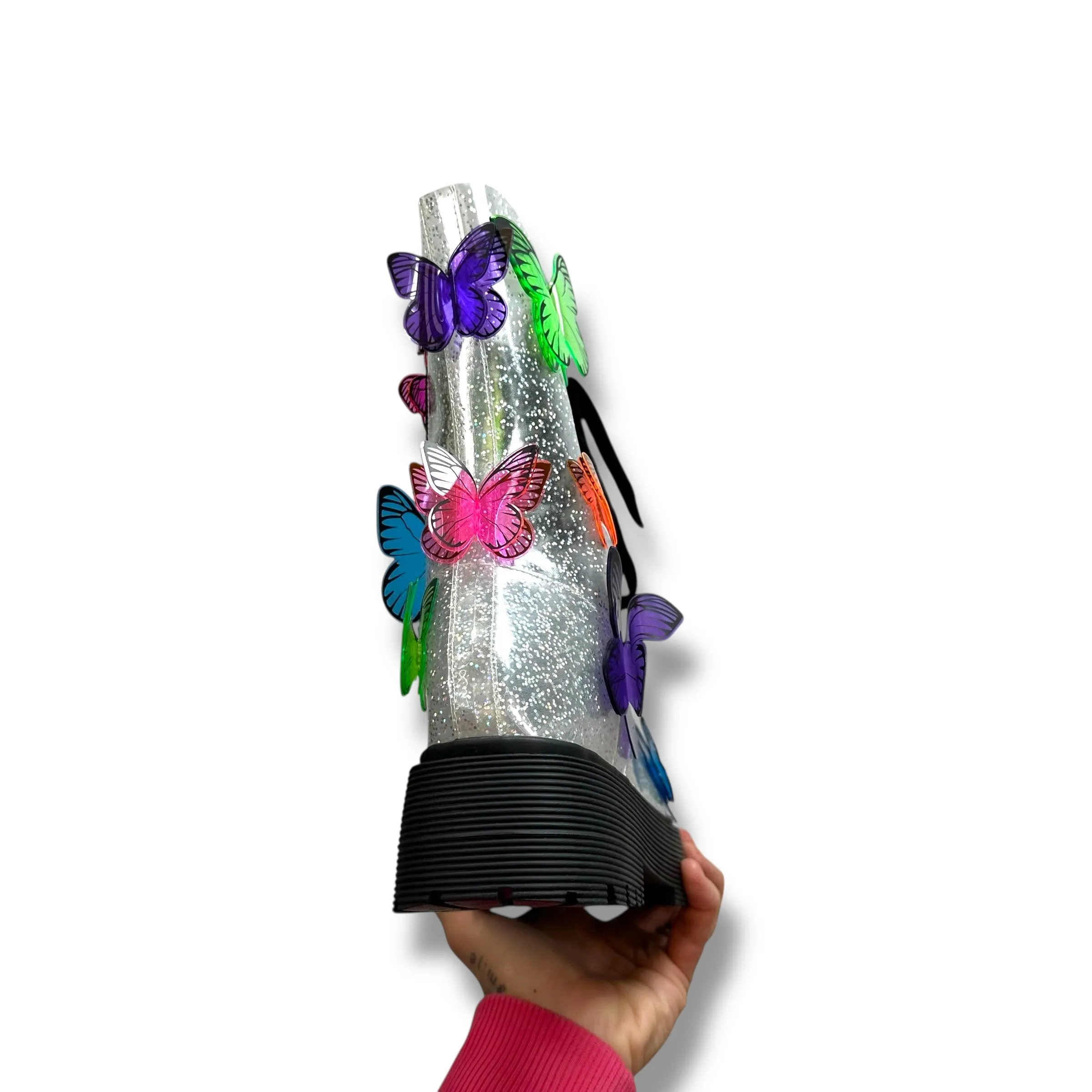 3D Butterfly Clear Glitter Combat Boots Ankle Flats By Club Exx In Clear, Size: 6 Dolls Kill