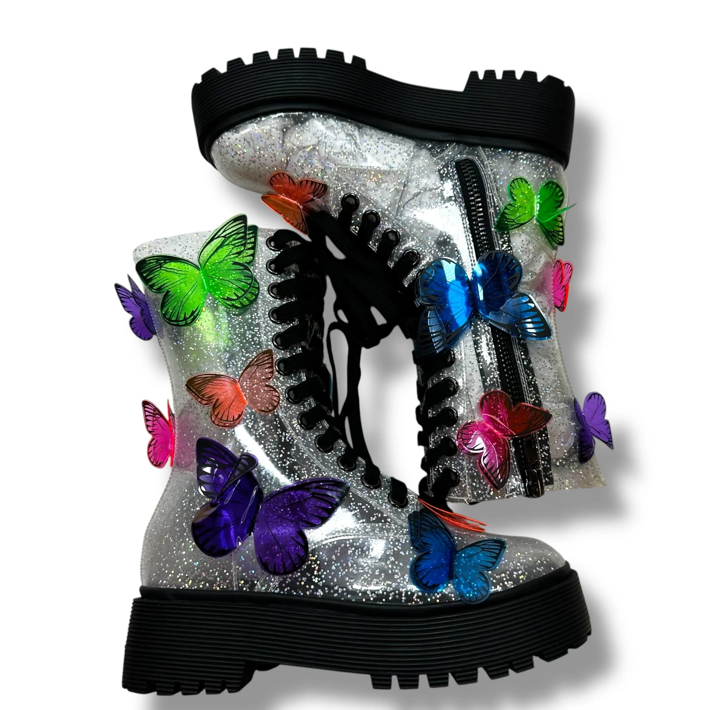 3D Butterfly Clear Glitter Combat Boots Ankle Flats By Club Exx In Clear, Size: 6 Dolls Kill