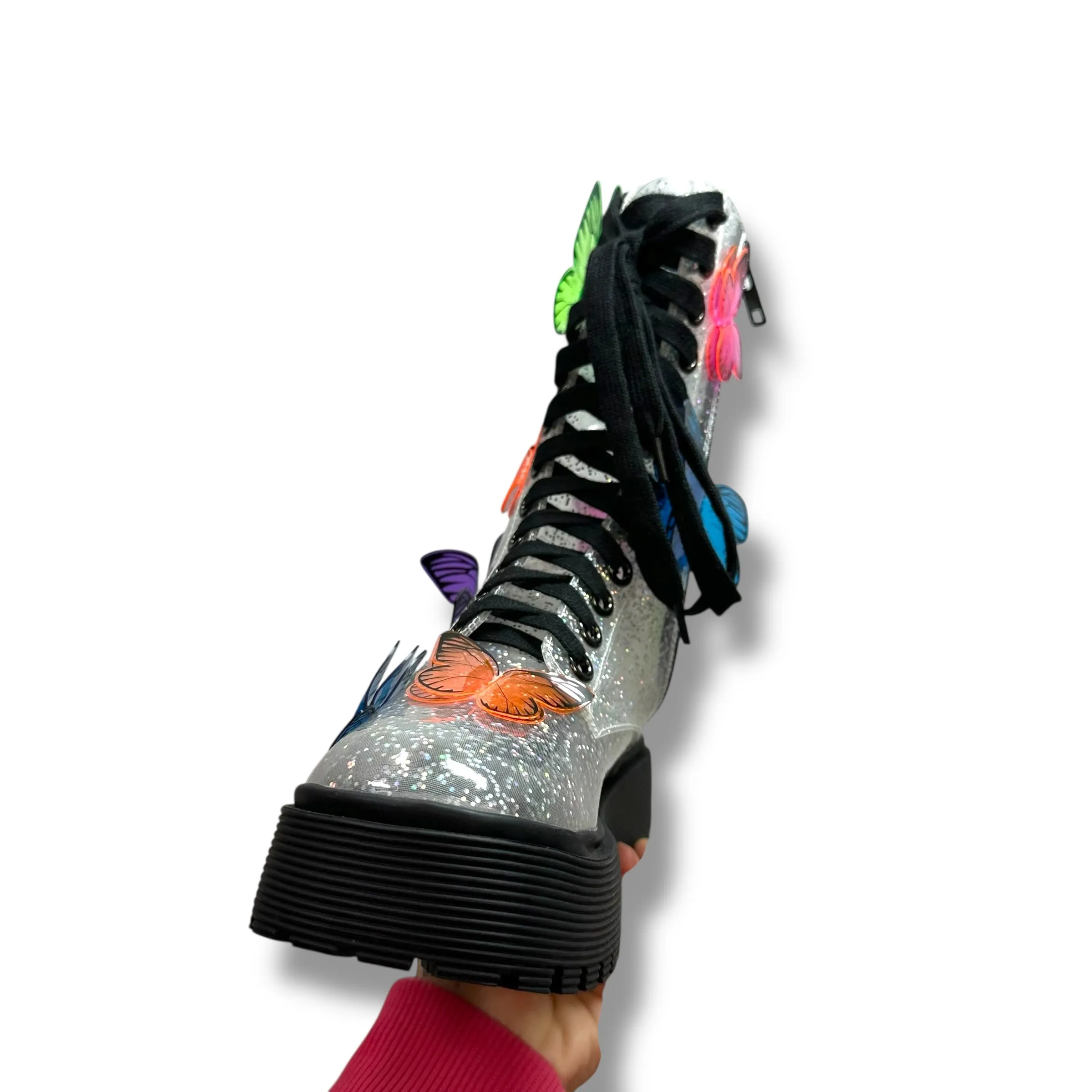 3D Butterfly Clear Glitter Combat Boots Ankle Flats By Club Exx In Clear, Size: 6 Dolls Kill
