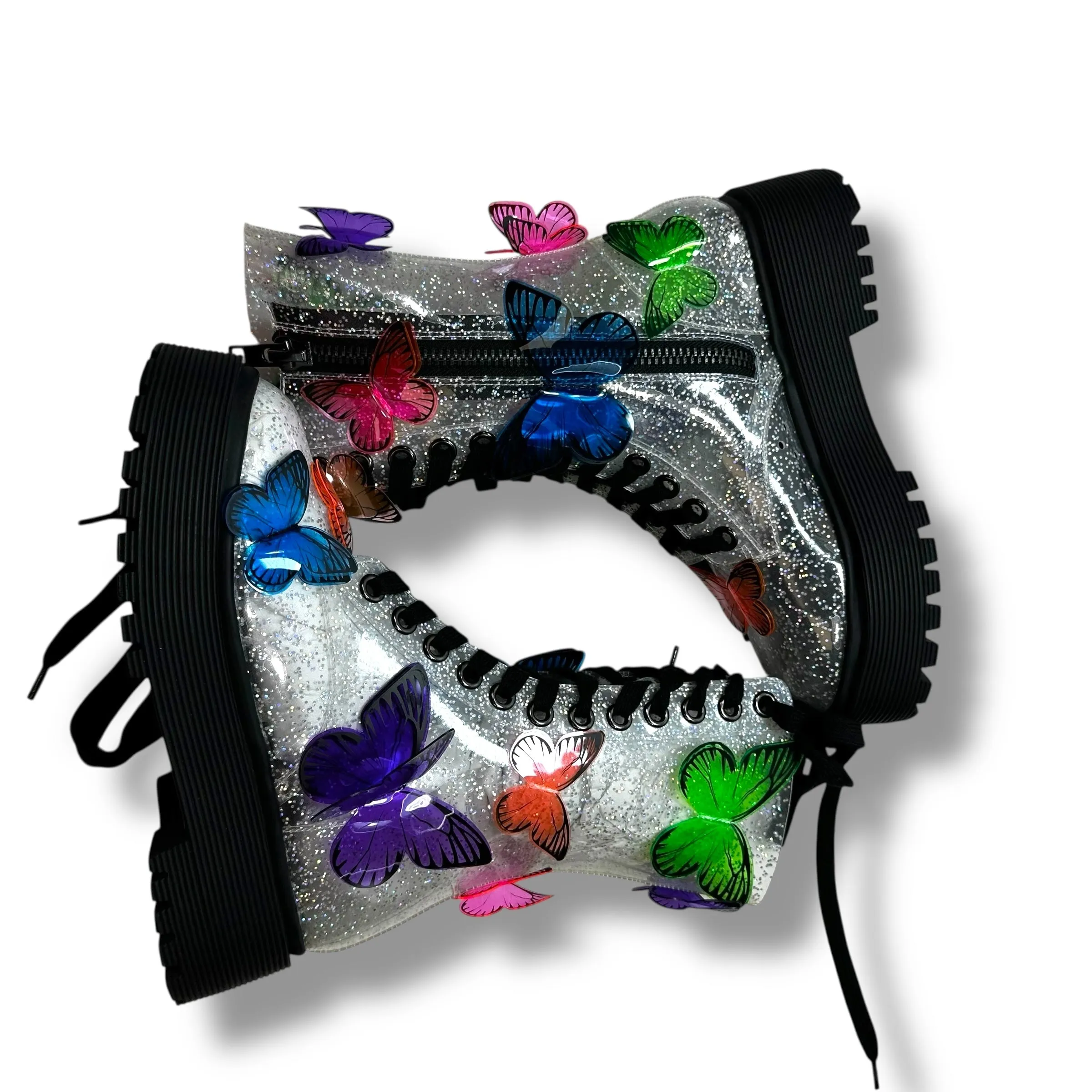 3D Butterfly Clear Glitter Combat Boots Ankle Flats By Club Exx In Clear, Size: 6 Dolls Kill