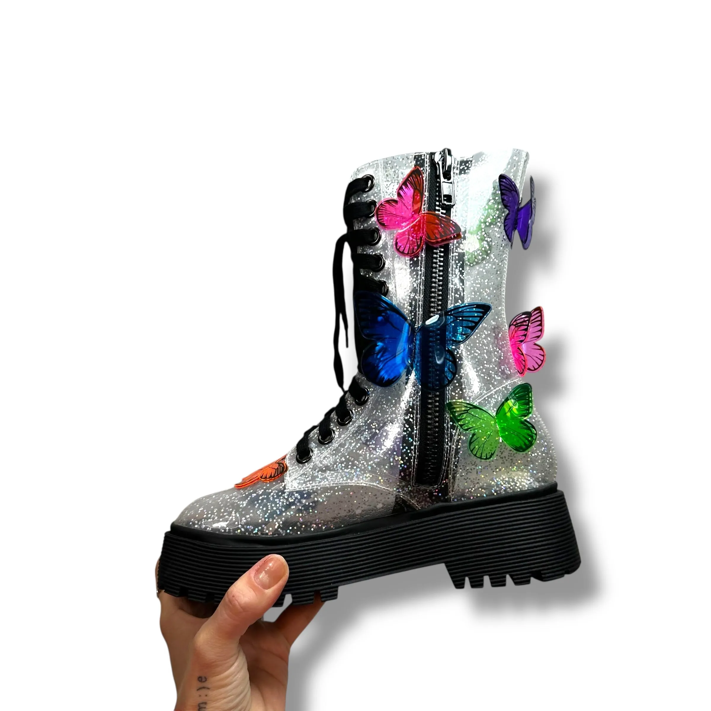 3D Butterfly Clear Glitter Combat Boots Ankle Flats By Club Exx In Clear, Size: 6 Dolls Kill