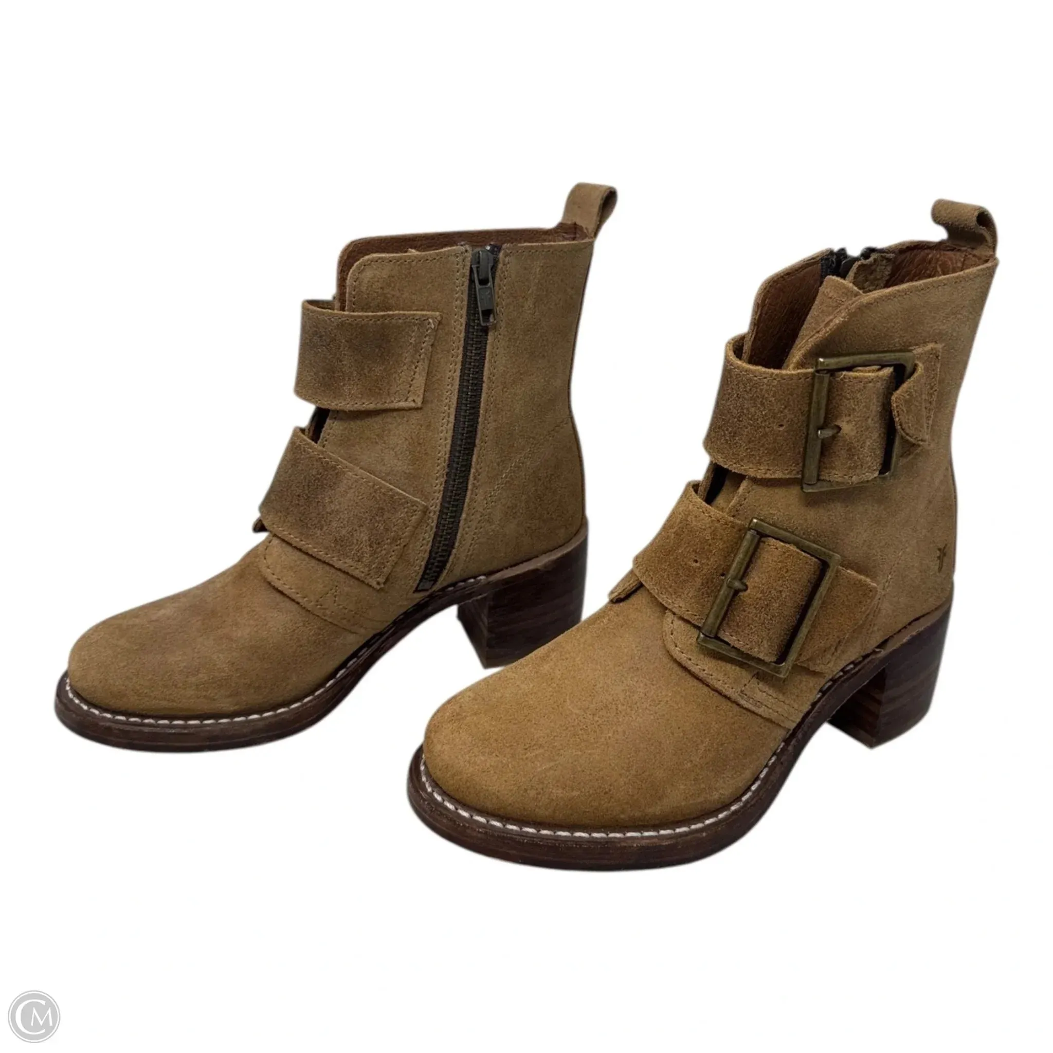 Sabrina Double Buckle Boots Designer By Frye In Tan, Size: 5.5