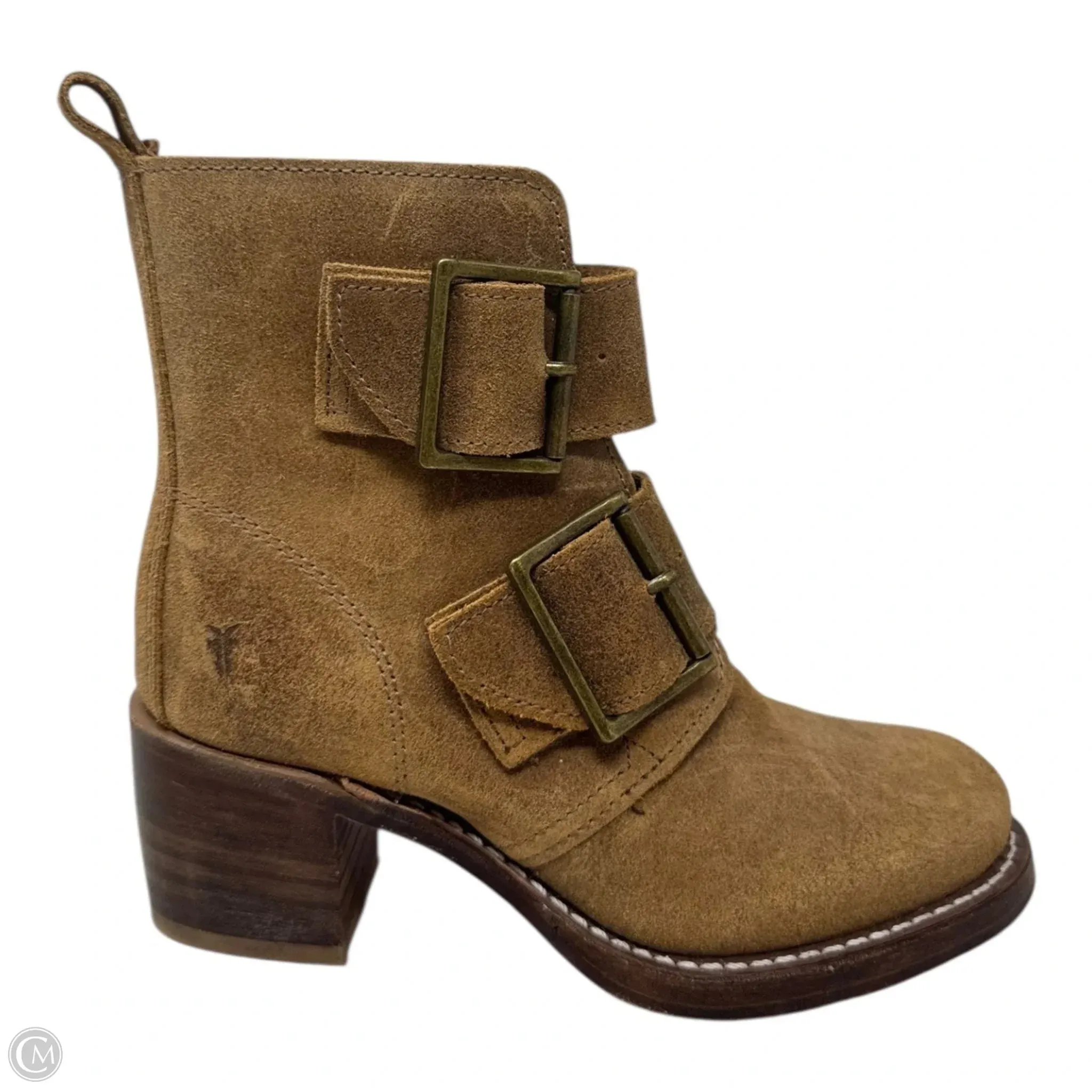 Sabrina Double Buckle Boots Designer By Frye In Tan, Size: 5.5