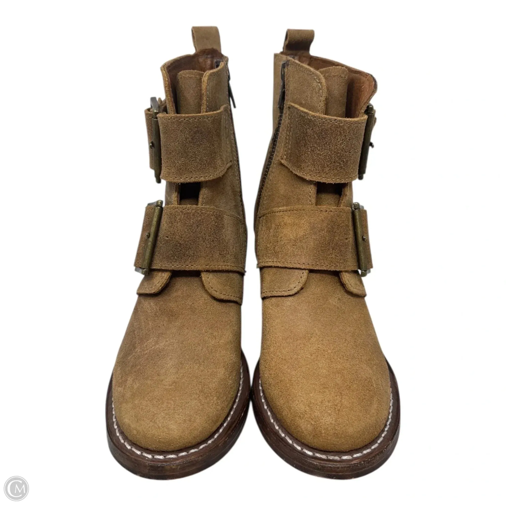 Sabrina Double Buckle Boots Designer By Frye In Tan, Size: 5.5